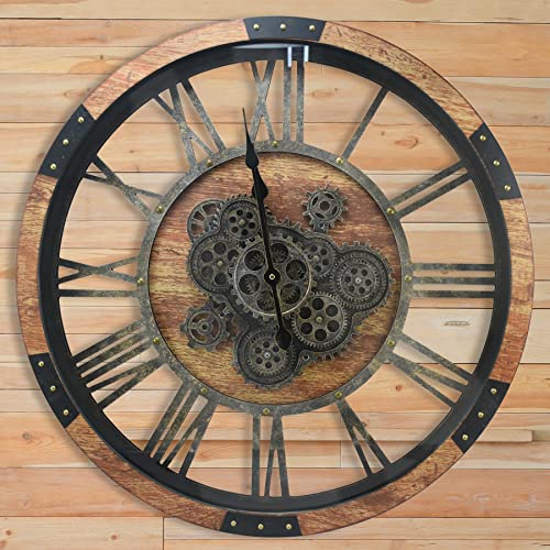 36'' Large Wall Clock Real Moving Gears Oversized Industrial Solid Wood Rusic Farmhouse Clocks for Living Room Wall Decor Home Office