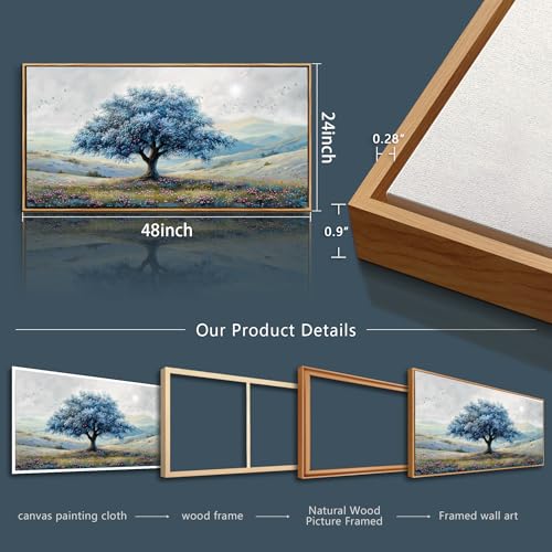Large Wood Framed Wall Decor For Living Room Canvas Wall Art For Office Modern Wall Decorations For Bedroom Blue Tree Landscape Painting Farmhouse Pictures Artwork Home Decor 24x48 In