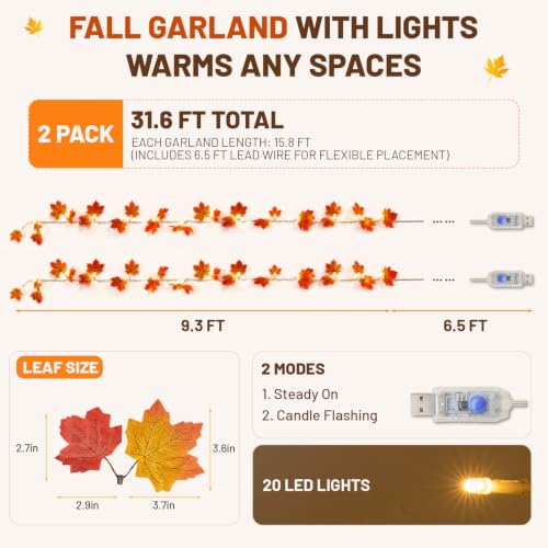 2Pack 18.6FT Lighted Fall Leaf Garland (2 Count)
