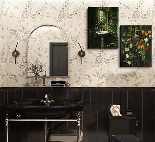 3Pcs Framed Vintage Dark Green Bathroom Wall Art Shower Toilet Paper Roll Floral Poster Print Modern Farmhouse plants Painting Picture Wall Decor For Bathroom Living Room Decoration (3 Count)