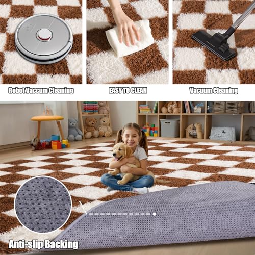 Fluffy Plush Shag Checkered Rug