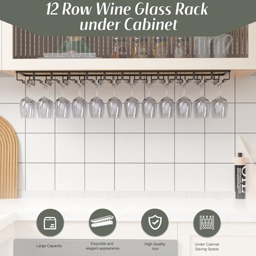 12 Row Wine Glass Rack Under Cabinet Large Capacity