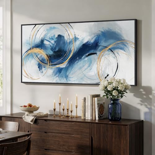 Large Framed Navy Blue Abstract Wall Art for Living Room