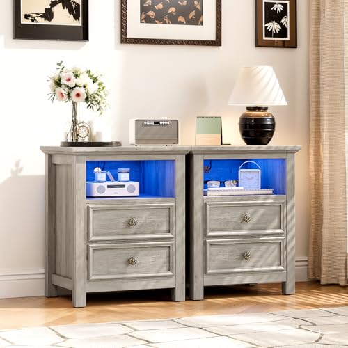 Set of 2 Nightstand with Charger Station Strip Lights