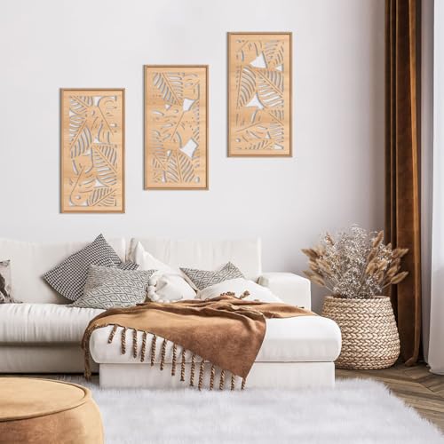 Tropical leaf Wood Wall Decor Framed Palm Monstera Leaves Wooden Wall Art Coastal Hawaii Art decor 7.87x15.75 Inch Set of 3 for Living room Bedroom Office