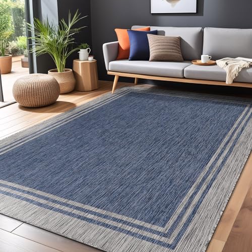 Bordered Outdoor Rug 8x10 Washable Outside Carpet for Indoor Patio Porch Waterproof Easy Cleaning Non Shedding Area Rugs Navy 8 x 10