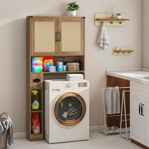 Over The Toilet Storage Cabinet with 2 Rattan Barn Doors
