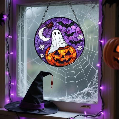 Stained Glass Window Hanging Halloween Horror Pumpkin 6.3"