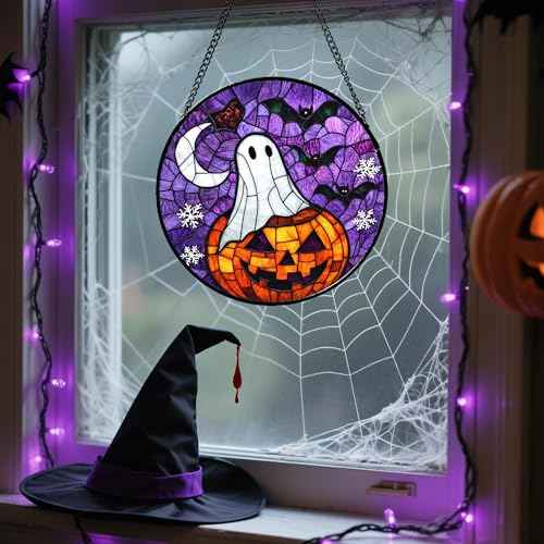 Stained Glass Window Hanging Halloween Horror Pumpkin 7.8"