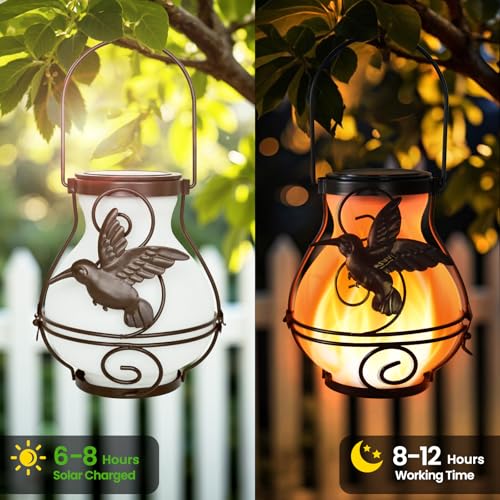 4 Pack Solar Lanterns Outdoor Waterproof Flickering Flame Lights Hummingbird Metal Hanging Solar Lantern Patio Porch Garden Decoration (4 Count)
