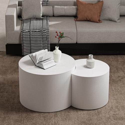 White Round Fluted Nesting Coffee Table Set of 2 (2 Count)