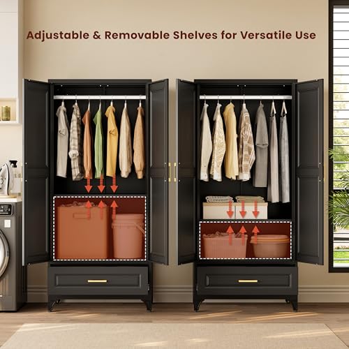 71" Tall Wardrobe Closet with Doors and Adjustable Shelves