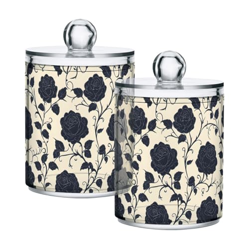 2 Pack Qtip Holder Organizer Dispenser Black Roses Tile Pattern Bathroom Storage Canister Cotton Ball Holder Container for Cotton Pads (2 Count)