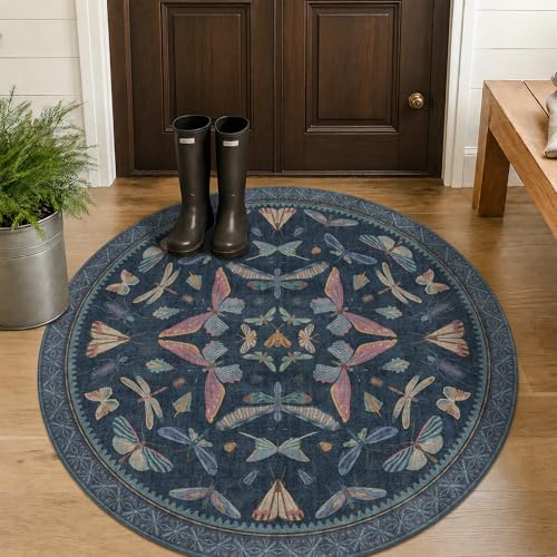 Vintage Dark Blue 4ft Round Area Rug (12.57 Sq Ft)