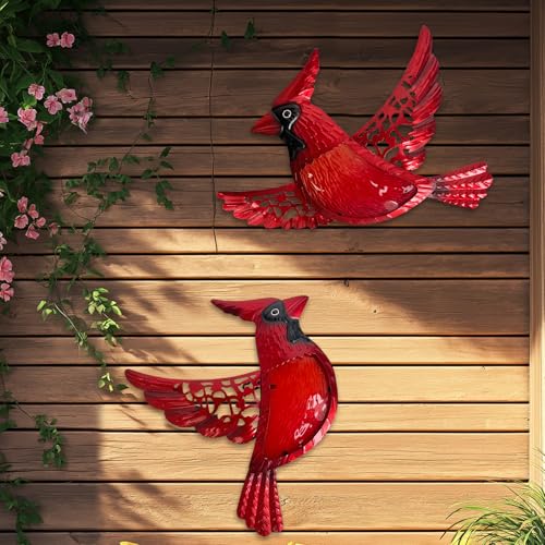 Metal Cardinal Wall Art 12inch Metal Birds Wall Sculpture Garden Decoration Outdoor Statue Patio Fence Hanging Plaques 2 Pack (2 Count)