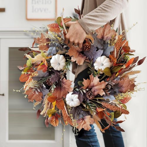 24 Inch Fall Wreath for Front Door with White Pumpkins