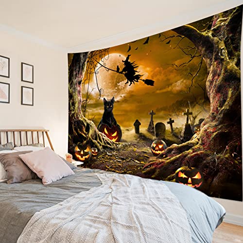 Halloween Wall Tapestry Horror Witch Cat and Dead Tree Pumpkin Lights with Spooky Graveyard Tapestry Orange Full Moon over Misty Forest Wall Decor for Bedroom Living Room Dorm 59x51 Inches