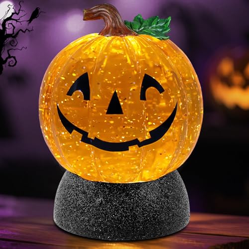Halloween Snow Globe Lantern Pumpkin Lighted Halloween Snow Globes Battery Operated or USB Powered with 6H Timer Musical Snow Globe Glitter for Spooky Party Home Table Decorations