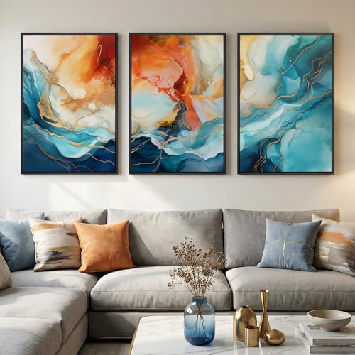 Large Framed Blue Orange Abstract Wall Art for Living Room (3 Count)