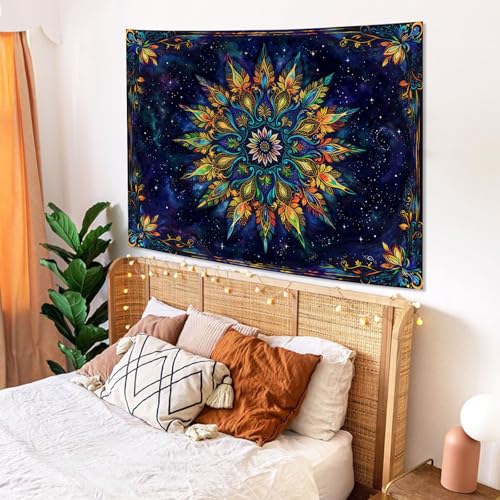 Boho Floral Mandala Tapestry for Bedroom Aesthetic Blue Bohemian Colorful Flower Wall Tapestry Purple Hippie Indian Small Tapestries Wall Hanging for Living Room Dorm Decor 40 x 30 Inch