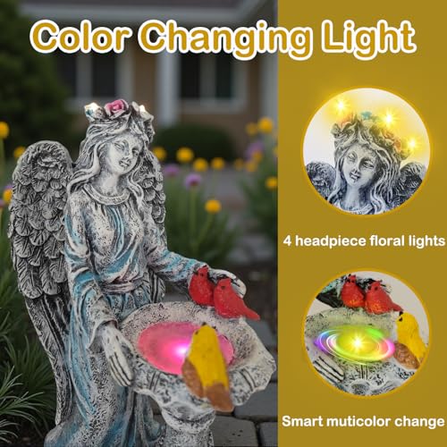Solar Outdoor Garden Decor Angel Statue Light with Color Changing Birdbath