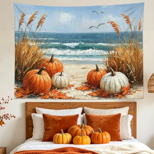 Coastal Fall Pumpkin Tapestry beach Landscape Wall Decor 92.5Wx70.9L