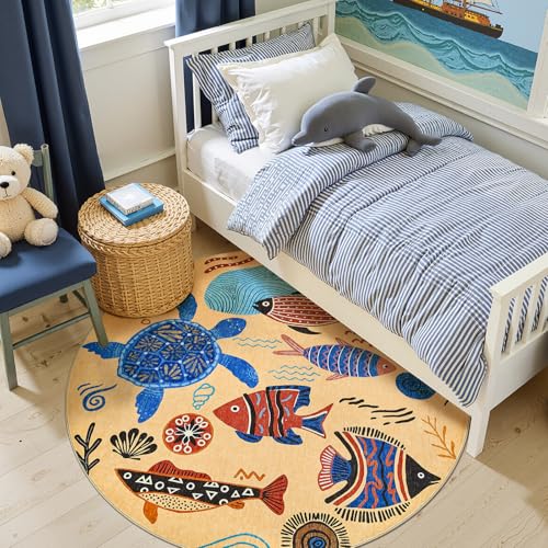 4ft Coastal Round Rug Washable Kids Rug Colorful Ocean Fish Mat Tan (12.57 Sq Ft)