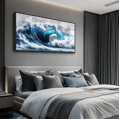 Large Canvas Wall Art For Living Room Wall Decor For Bedroom Ocean Inspiration Wall Pictures Office Mural Decorations Posters Blue Wave Paintings Modern Home Decor Black Framed 24x48 In