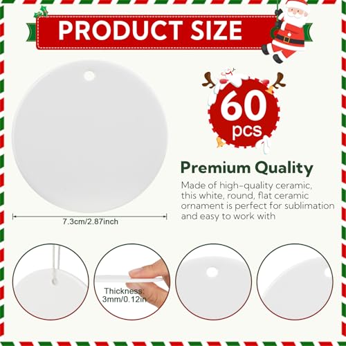 60 PCS Sublimation Ceramic Ornament Blank 3 Inch Round Two (60 Count)