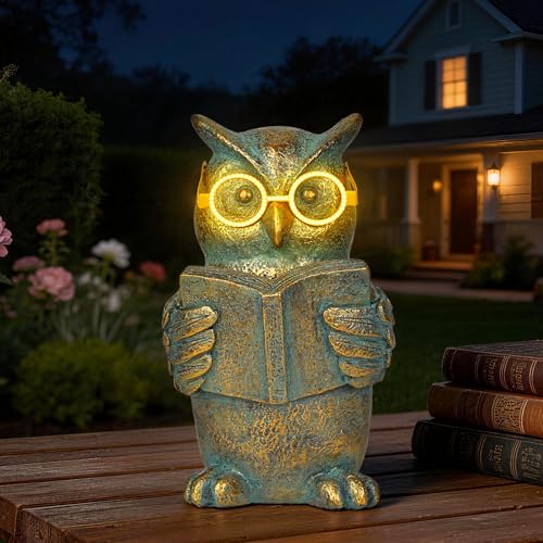 Reading Owl Statue with Solar Glasses Garden Decor Gift for Women