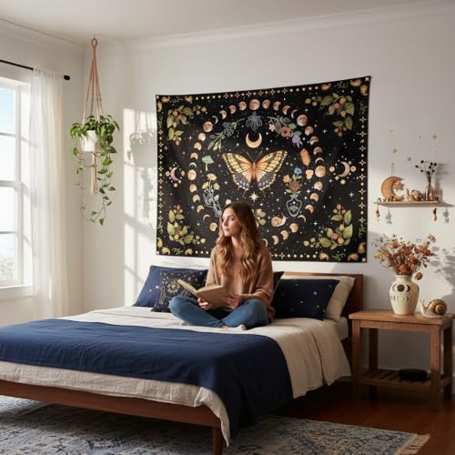 Yellow Butterfly Moon Flower Tapestry Botanical Floral Plant Boho Tapestry for Bedroom Aesthetic Vintage Tapestries Wall Hanging for Living Room Dorm