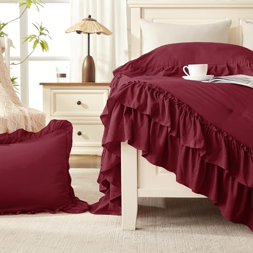 Burgundy Ruffle Full Size Comforter Set