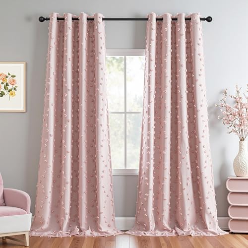 100% Blackout Curtains for Girls Bedroom 95 Inch Long Total Room Darkening Curtain for Living Room 2 Panels Grommet Light Blocking Sliding Door Drapes Blush Pink Pom Pom Sheer 50 x 95 Inch (2 Count)
