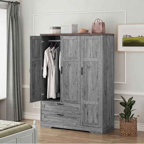 62" Wooden Armoire Wardrobe Closet with Mirror