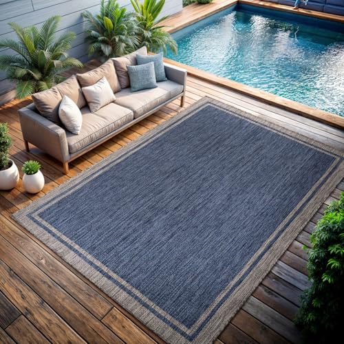 Outdoor Rug 9x12 Bordered Navy Blue Gray Modern Large Area Rugs for Indoor and Outdoor Patios (108 Sq Ft)