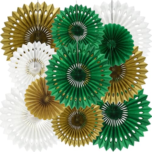 Honeycomb Round Paper Fans Green Gold Hanging Party Decoration (11 Count)