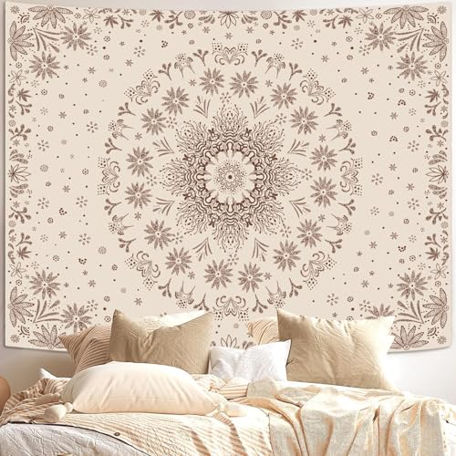 Boho Floral Mandala Tapestry Wall Hanging Bohemian Flower Medallion Tapestry Aesthetic Beige Brown Hippie Indian Small Tapestries for Bedroom Living Room Dorm Decor 60 x 44 Inch