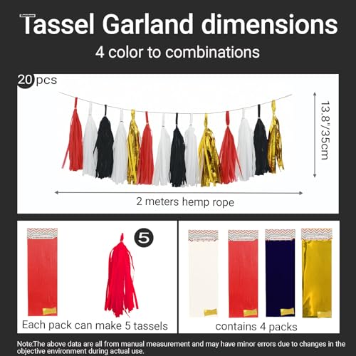 Red Black White Gold Paper Tassel (20 Count)