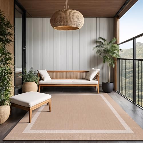 Bordered Outdoor Rug 5x7 Washable Outside Carpet for Indoor Patio Porch Waterproof Easy Cleaning Non Shedding Area Rugs Beige 5 x 7