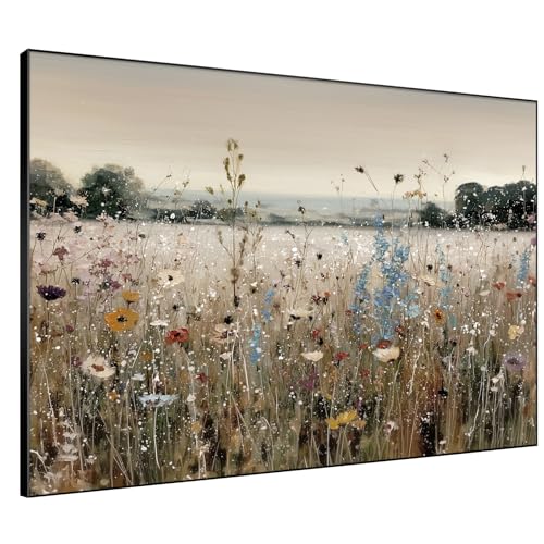 46"x60" Extra Large Framed Wall Art Wildflower Meadow Landscape Soft Pastel Field Illustration for Home Living Room Bedroom Decor