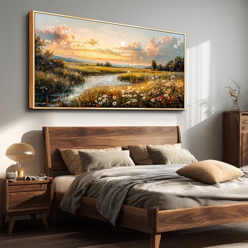 Large Wood Framed Wall Decor For Living Room Canvas Wall Art For Office Modern Wall Decorations For Bedroom Sunset Landscape Painting Farmhouse Pictures Artwork Room Home Decor 24x48 In