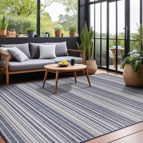 Stripe Outdoor Rug 10x14 Washable Outside Carpet for Indoor Patio Porch Waterproof Easy Cleaning Non Shedding Area Rugs Blue 10 x 14 (140 Sq Ft)