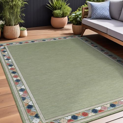 Outdoor Rug 9x12 Modern Bordered Large Area Rugs for Indoor and Outdoor Patio Easy to Clean Non Shedding Living Room Porch Garden Washable Outside Carpet