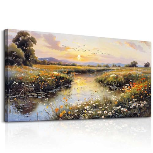 Large Canvas Wall Art For Bedroom Wall Decorations For Living Room Office Decor Rivulet View Painting Farmhouse Field Scenery Watercolour Pictures Home Decoration Ready To Hang 24x48 In