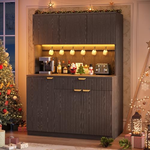 Fluted Kitchen Pantry Storage Cabinet with Charging Station & LED Lights