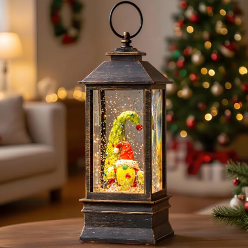 Christmas Snow Globe Lantern Water Glittering Xmas Gnome with Whimsical Christmas Tree