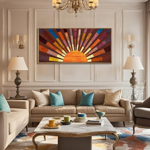 Extra Large Wood Sun Framed Wall Art 20x40 Inch Boho Sunrise 3D Geometric Wall Decor Mid century Sunshine Painting for Living room Bedroom Dining room Single