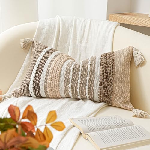 Decorative Lumbar Throw Pillow Cover 12x20 Boho Brown Accent Cushion for Couch Sofa Farmhouse Pillowcase for Bedroom Living Room Home Décor Cover ONLY
