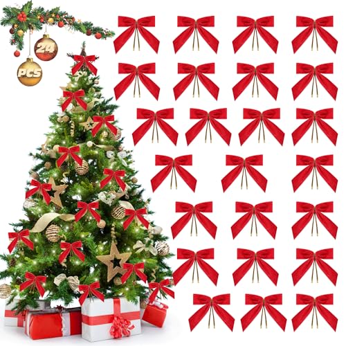 Red Velvet Bows for Christmas Tree Decorations (24 Count)