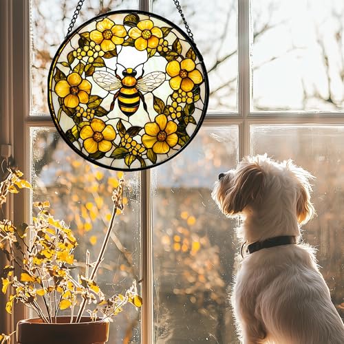 Bee Wreath Stained Glass Window Hanging Suncatcher Gifts for Women 15"